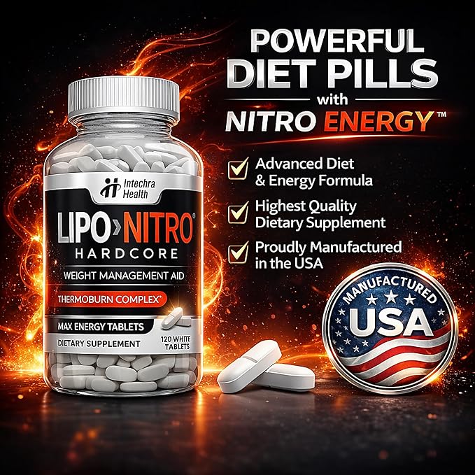 LipoNitro® Thermo-Burn Diet Pills with Nitro Energy Dietary Supplement Manufactured in USA - 120 White Tablets