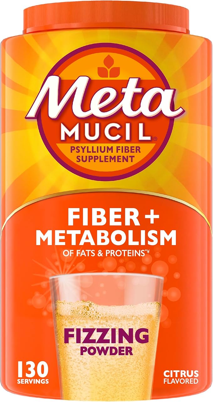 Metamucil Fizzy Fiber Supplement + Metabolism Plant Based Psyllium Fiber Powder with B12 for Metabolism of Fats and Proteins Daily Supplement for Regularity Citrus Flavored Sugar-Free 130 Serving