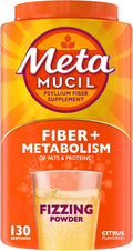 Metamucil Fizzy Fiber Supplement + Metabolism Plant Based Psyllium Fiber Powder with B12 for Metabolism of Fats and Proteins Daily Supplement for Regularity Citrus Flavored Sugar-Free 130 Serving
