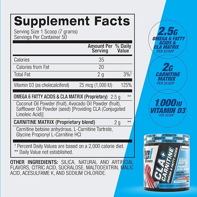 BPI Sports CLA + Carnitine Powder – Non Stimulant Fat Burner for Weight Loss Metabolism &amp Lean Muscle – Caffeine Free – Rainbow Ice – 50 Servings – 12.34 oz