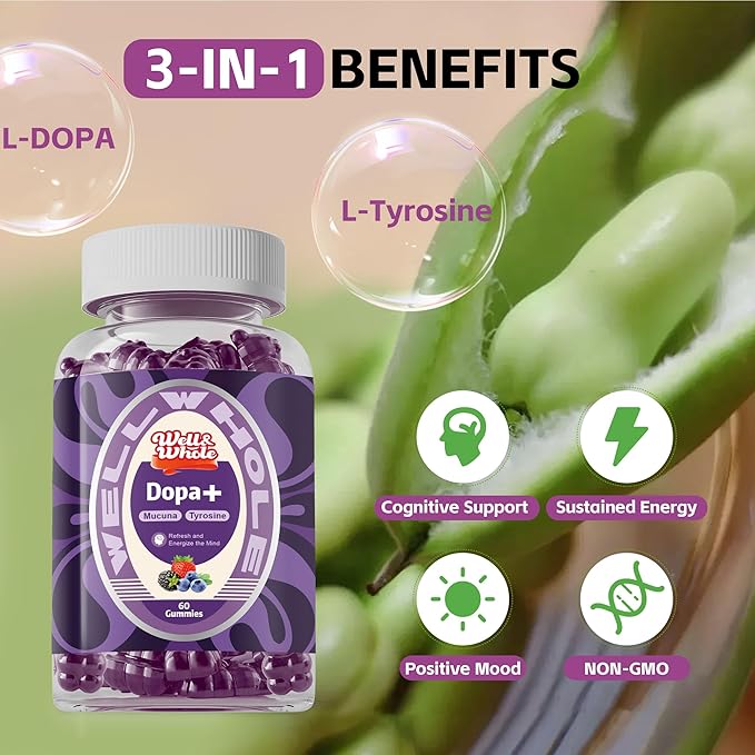Well&ampWhole Dopamine Gummies - Mucuna Pruriens Supplements Gummies 500mg with L-Tyrosine 200mg &amp Ashwagandh Mood &amp Focus Support Berry Flavor Non-GMO Gluten-Free 60cts (1)