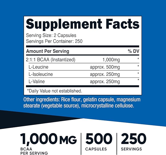 Nutricost BCAA 1000mg 500 Capsules (250 Serv) 2:1:1 Branched Chain Amino Acids (500mg of L-Leucine 250mg of L-Isoleucine and L-Valine) (Pack of 2)