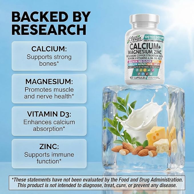 Allin1 Calcium Magnesium Zinc Supplement with Potassium Copper Strontium Silica Vitamin D3 K2 Boron Vitamin B1 B12 Red Clover Herb Alfalfa Basil Pills for Men &amp Women Clean Nutra Osteo Defen