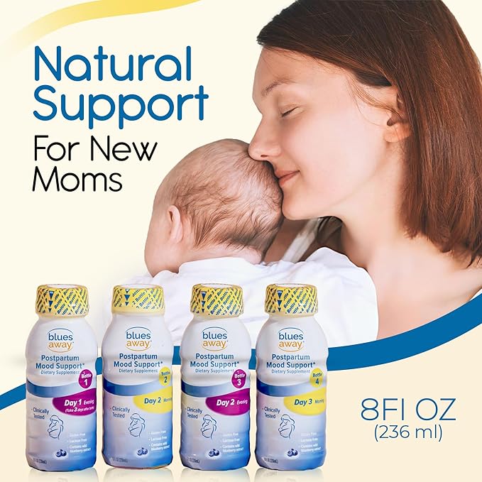 Blues Away Postpartum Mood Support Drink - Breastfeeding Friendly Postnatal Hormone Balance for Women - 3-Day Liquid Dietary Stress Support Shake [4 Bottles]