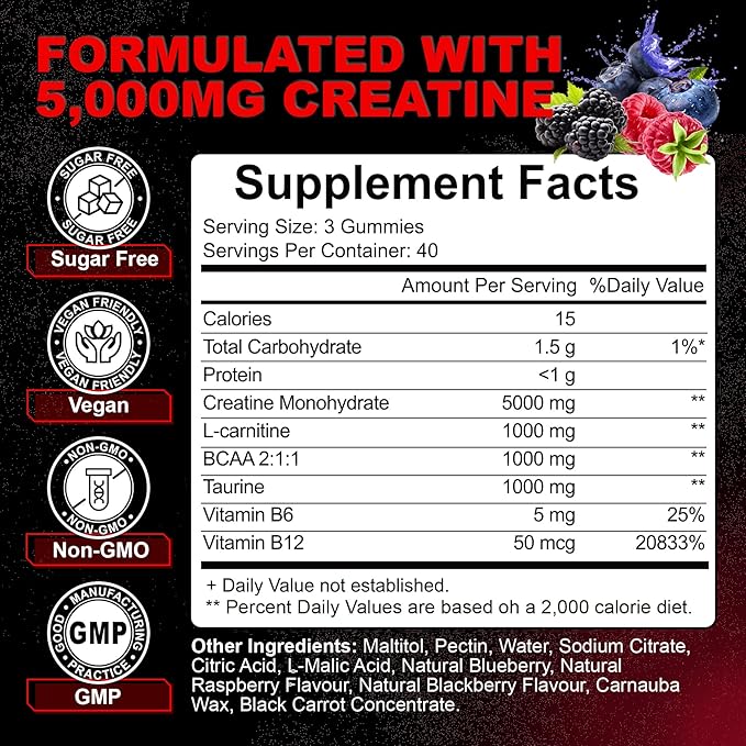 Creatine Monohydrate Gummies for Men &amp Women with L-Carnitine &amp Taurine – Pre-Workout Supplement for Muscle Strength Energy Boost – Sugar Free Vegan Berry Flavor Chewable Gummy 120 Count