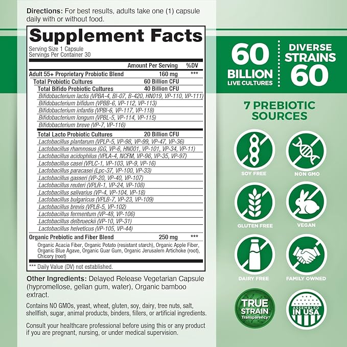 Vital Planet - Vital Flora Adults Over 50 Daily Probiotic 60 Billion CFU 60 Diverse Strains 7 Organic Prebiotics Immune Support Gas Digestive Health Probiotics for Women and Men 30 Capsules