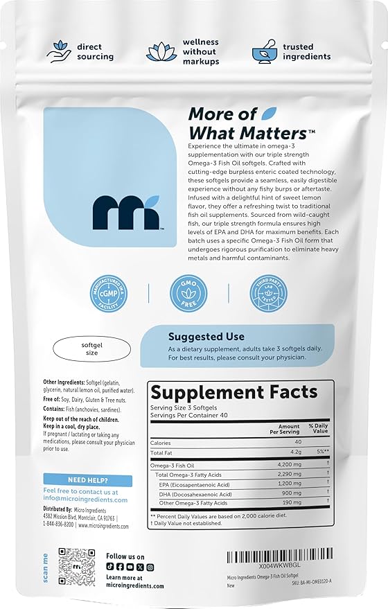 Micro Ingredients Triple Strength Omega 3 Fish Oil Supplements 4200mg Per Serving 120 Softgels – Lemon Flavored – Burpless | EPA 1200mg + DHA 900mg | Deep Sea Fish