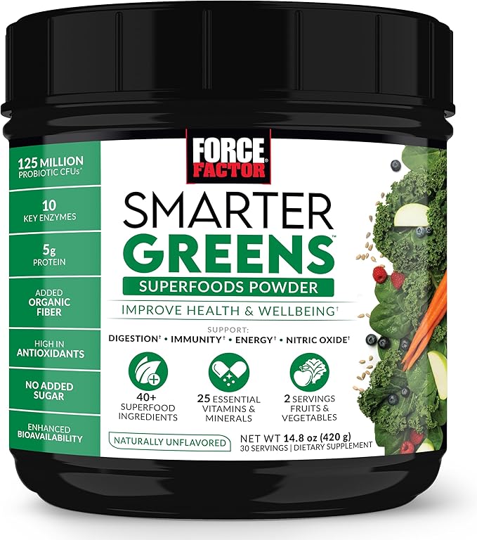 Force Factor Smarter Greens Superfoods Powder to Support Digestion and Bloating Immunity and Energy Greens Powder with Probiotics Digestive Enzymes Antioxidants and Fiber 30 Servings