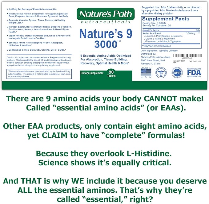 Nature's 9 3000 Essential Amino Acids Supplement Best EAA Amino Acid Complex All 9 Essential Amino Acid Pills Vegan Aminos 90 Pill 1 Gram Per Tablet