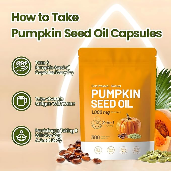 Pumpkin Seed Oil Capsules with Saw Palmetto – Cold Pressed Pumpkin Seed Oil Essential Fatty Acids &amp Phytosterols 300 Softgels for Prostate Bladder &amp Urinary Support Non-GMO 1 Pack