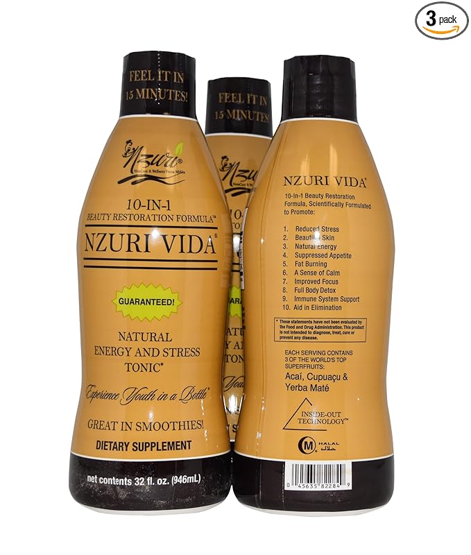 Nzuri Vida All-Natural Energy &amp Stress Support Tonic 10-in-1 Total Body Restoration Drink with Acai Berry Cupuacu &amp Yerba Mate. Smooth Energy Calm Focus Detox &amp Immune Support - 3 Bottl
