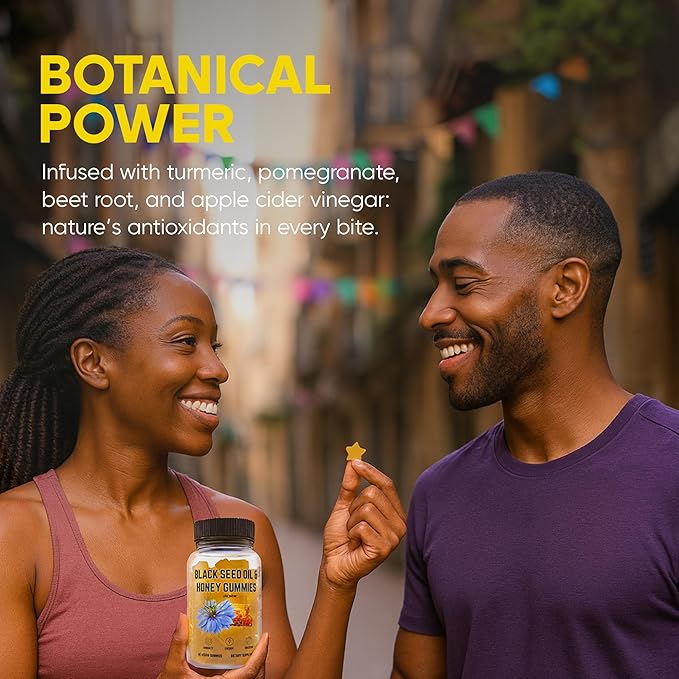 Black Seed Oil &amp Honey Gummies - with Black Cumin Seed Oil Vitamin C Turmeric &amp Biotin - Immune Support Supplement for Joint Gut &amp Skin Health 60 Gummies