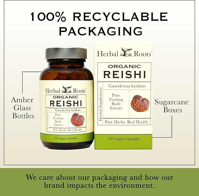 Herbal Roots Organic Reishi Mushroom Capsules - Made with Fruiting Bodies - Support Energy Vitality Immune &amp Heart Health - 60 Vegan Capsules