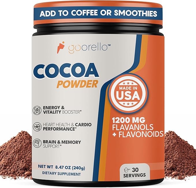 High Flavanol Cocoa Powder Supplement 1200mg Cocoa Flavanols &amp Flavonoids 30 Servings for Support Heart Health Blood Flow &amp Nitric Oxide Dark Cocoa Flavor