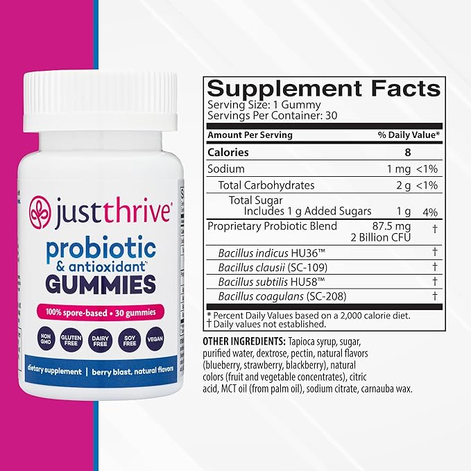 Just Thrive Probiotic Gummies - Kids Men and Womens Probiotic - for Digestive and Overall Health 30 Count