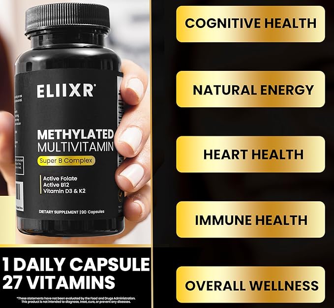 Eliixr Methylated Multivitamin 3 Month Supply 90 Capsules1500 mcg of Active Folate Methylated B12 Vitamin A C K2 D3 E Choline Biotin ALA CoQ10 B-Complex and More. Made in The USA