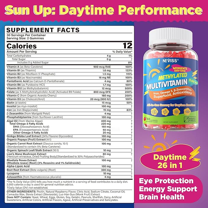 NEVISS Methylated Multivitamin Gummies with Iron for Women Omega-3 B6 Folate B12 Inositol for Daytime Routine Daily Vitamin Gummy ALA | Beet Root | Astaxanthin Energy Brain Antioxidant Vegan