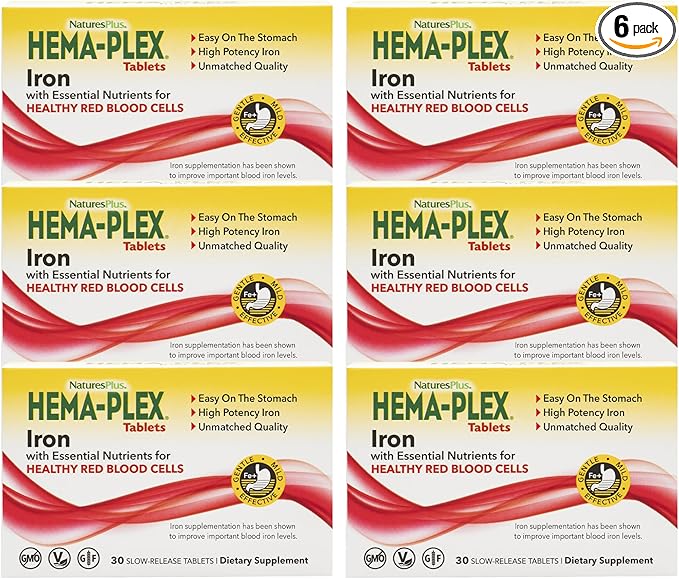 NaturesPlus Hema-Plex Iron - 30 Slow-Release Tablets Pack of 6 - Total Blood Health - 85 mg Chelated Iron - with Vitamin C &amp Bioflavonoids - Non GMO Vegetarian &amp Gluten Free - 180 Total Serv