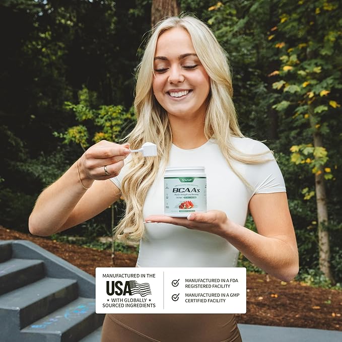 Snap Supplements BCAA Powder - 5g Vegan Branched Chain Amino Acids (2:1:1 Leucine Isoleucine Valine) + Essential Amino Acids with Nitric Oxide Booster 30 Servings Pomegranate Watermelon