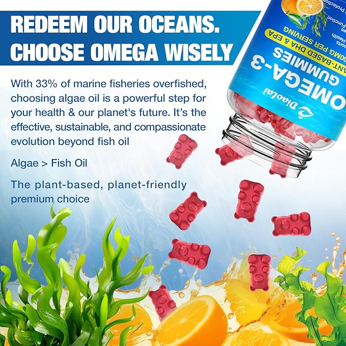 2 Pack Vegan Omega-3 Gummies for Adults – Sugar-Free Algae-Based DHA 600mg &amp EPA 300mg with Vitamins A C E Zinc – Omega 3 Fish Oil Alternative 120 Count