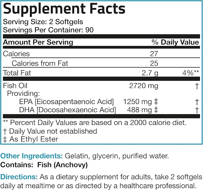 Bronson Omega 3 Fish Oil Triple Strength 2720 mg High EPA 1250 mg DHA 488 mg Non-GMO Heavy Metal Tested 180 Softgels