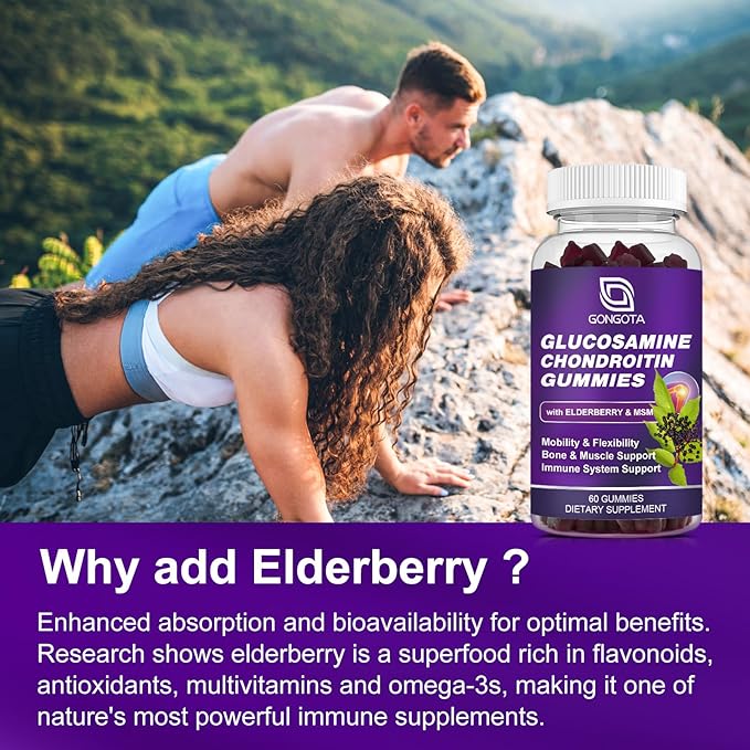 Glucosamine Chondroitin Gummies - 2- Pack Extra Strength 1500mg Glucosamine with MSM &amp Elderberry Flexibility Support Best Cartilage &amp Immune Support Supplement for Men and Women - 120 coun
