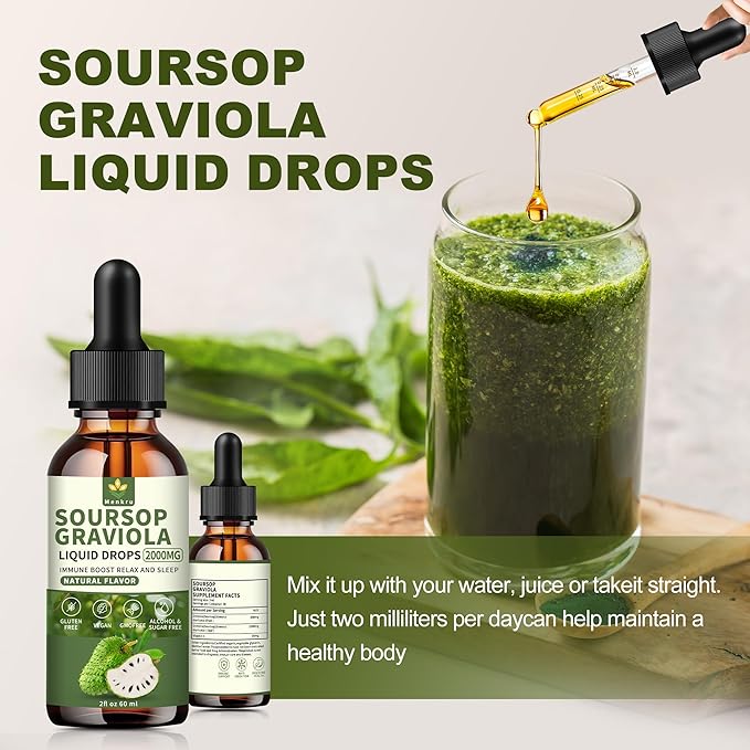 (2 Pack) Soursop Graviola Liquid Drops 2000mgImmune BoostCell Support &amp RegenerationNatural AntioxidantSoursop Bitters LiquidSoursop Extract - 98% Sugar/Gluten Free Natural Flavor 4 Fl Oz