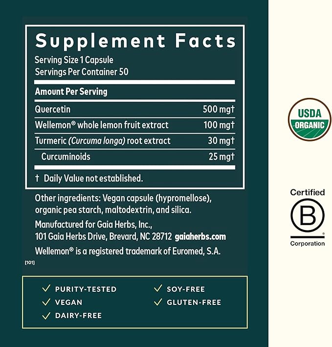 Gaia Herbs Quercetin Synergy - Supports Immune Health* - Wellemon Lemon Fruit Extract - 50 Vegan Capsules (50 Servings)