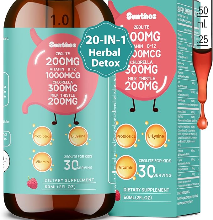 200mg Zeolite Detox for Kids &amp Adults 20-in-1 Herbal Liquid with 300mg Chlorella 200mg Milk Thistle Cilantro Vitamins &amp Probiotics Supports Speech Cleanse Immune &amp Gut Health Berry