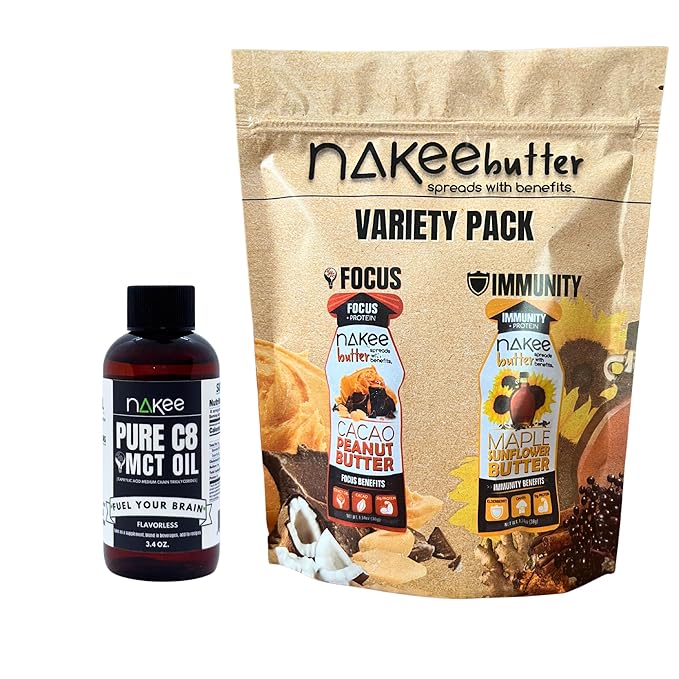 Nakee Butter Energy Support &amp Flavor Kit: 4oz MCT Oil &amp Protein-Friendly Variety Pack – Combined 2 Week Supply