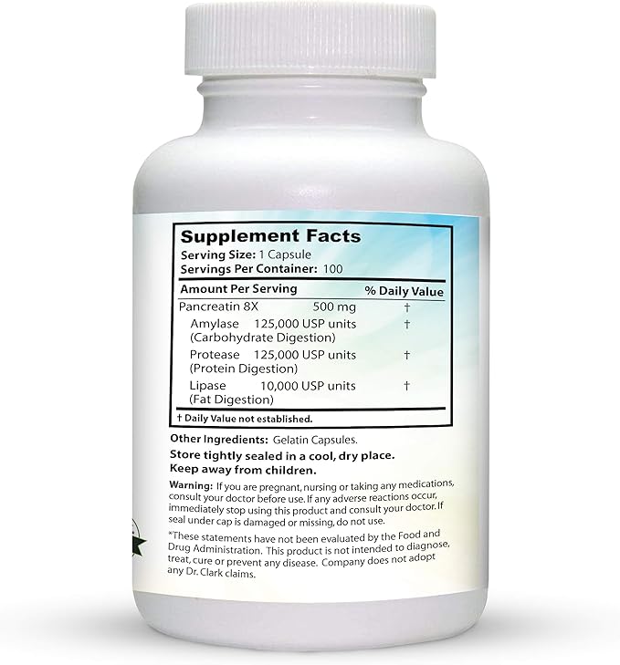 Dr. Clark Pancreatin 8X Enzyme Supplement 500mg | Several Digestive Aids Formulas Promotes Proteins Fat | Carbohydrates Healthy Supports Optimal Digestion - 100 Gelatin Capsules