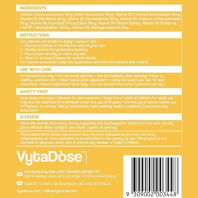 Vytadose Topical B12 Energy Patches for Mood Energy &amp Cognition | Natural Caffeine Patches | Skin-Friendly Water-Resistant | 30 Count