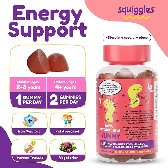 Squiggles Kids Daily Iron+ Gummies - Chewable Supplement with Iron Multivitamin for Children Low Sugar Vegan Toddler Gummies Yummy Grape Flavor (100 Count)