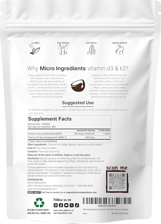Micro Ingredients Vitamin D3 10000 IU + K2 MK-7 200 mcg 600 Softgels with Virgin Coconut Oil (2 Pack) | 2-in-1 Vitamins D &amp K Complex | Extra Strength Easy to Swallow Non-GMO Gluten Free