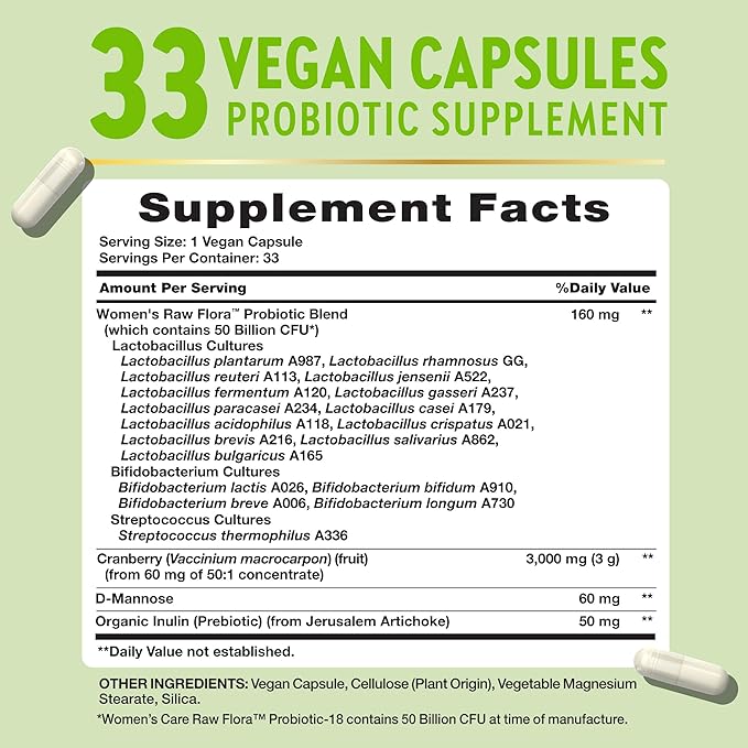 Raw Flora Probiotics for Women | 50 Billion CFU | 33 Capsules | with Cranberry and D-Mannose | Vegan Non-GMO &amp Gluten Free Supplement