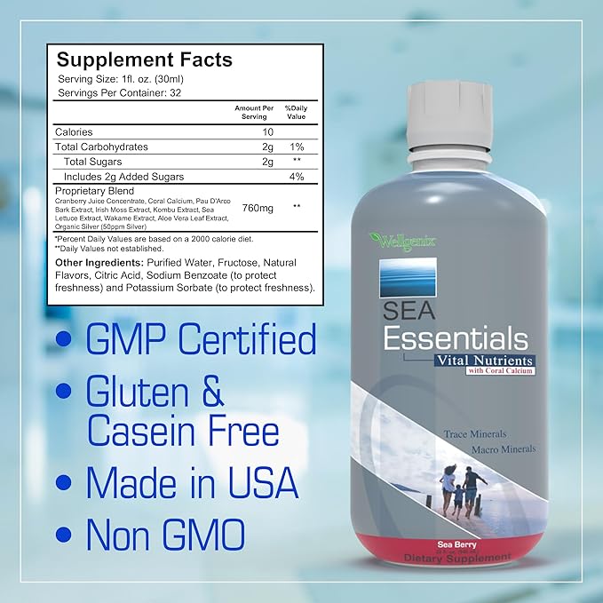 Wellgenix Sea Essentials Liquid Mineral Dietary Supplement with Trace and Macro Minerals and Coral Calcium – Sea Berry Flavor – 32 fl oz