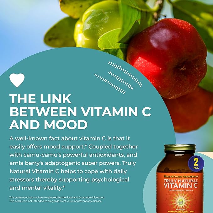 HEALTHFORCE SUPERFOODS Truly Natural Vitamin C - Immune Support Supplement with Camu Camu Berry - Vitamin C Supplement for Immune Health - Vegan Non-GMO - 240 Vegan Caps 30 Servings