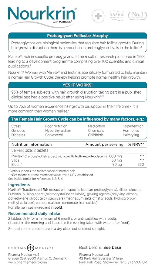 Nourkrin Woman for Healthy Hair Growth food supplement with Marilex biotin and silica 60 tablet pack (1 month supply)