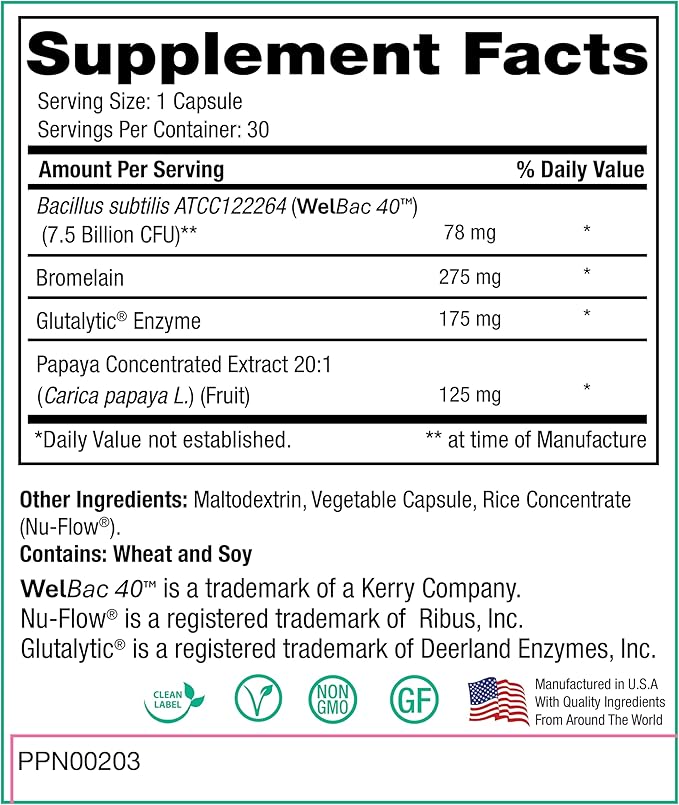 Peak Digestion Probiotic Supplement - Digestive Enzymes with Bacilus Subtilis Non Dairy Probiotic for Optimal Gut Health - Supports Gluten Digestion Helps Deter Bloating &amp Constipation (30 Caps)