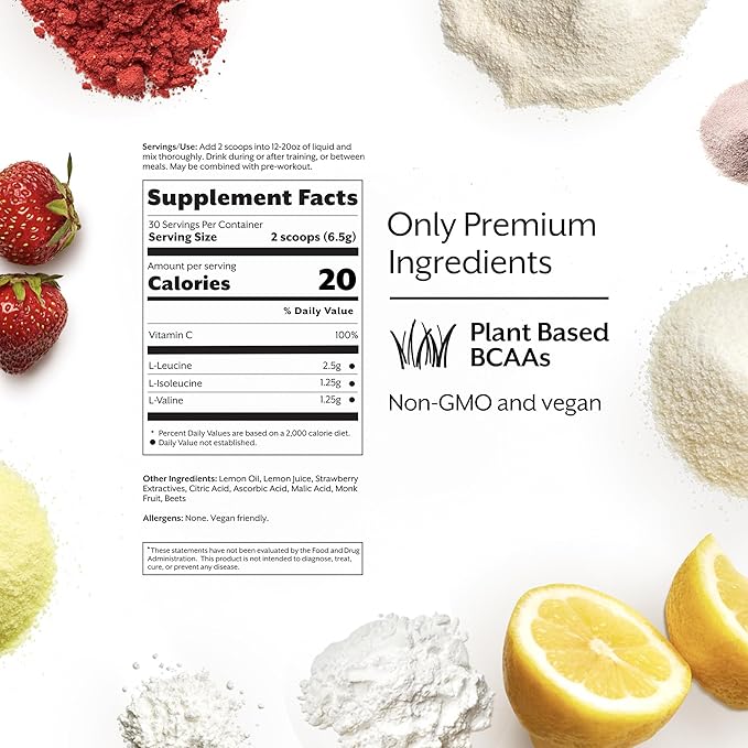 Promix BCAA Post-Workout Energy Powder - 5g Micronized BCAAs Sugar Free Plant Based Vegan Keto - Strawberry Lemon - 30 Servings (Pack of 1)