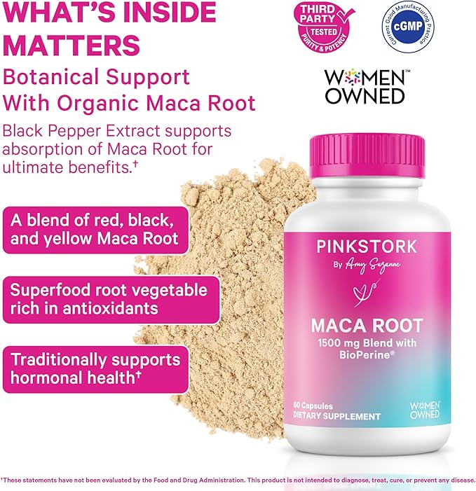 Pink Stork Maca Root Capsules for Women – Organic Maca with BioPerine® for Hormonal Balance Energy + Wellness – Supports Perimenopause Menstrual Health and Vitality