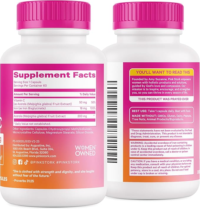 Pink Stork Prenatal Iron Supplement for Women - 18 mg Non-Constipating Iron &amp Vitamin C for Pregnancy Postpartum &amp Breastfeeding - Focus Fatigue &amp Blood Cell Production - 4 Month Suppl