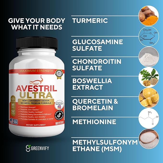 Avestril Ultra Joint Support Supplement Glucosamine Turmeric Chondroitin 60 Capsules (1)