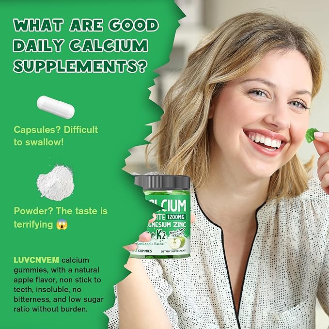 Calcium Citrate 1200 mg with Vitamin D3 Gummies Calcium Citrate Magnesium Zinc with Vitamin D3 Supplement for Women &amp Men Bone &amp Teeth Support Natural Apple Flavor - 30 Day Vegan Supply