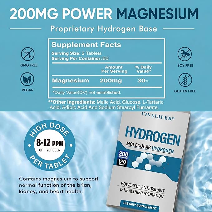Hydrogen Tablets for Drinking Water | 8 PPM Molecular H2 Tablets with Magnesium | Supports Energy Metabolism &amp Brain Function | 120 Tablets Non-GMO Gluten Free