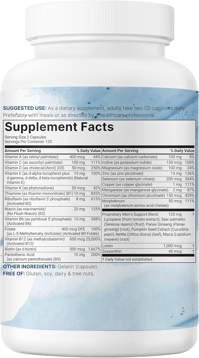 Micro Ingredients Pure Methylated Multivitamin for Men 240 Capsules | 30 Essential Nutrients with Activated B Complex &amp Methylfolate + Saw Palmetto Ginseng Maca Lycopene Vitamin D3 &amp Zinc