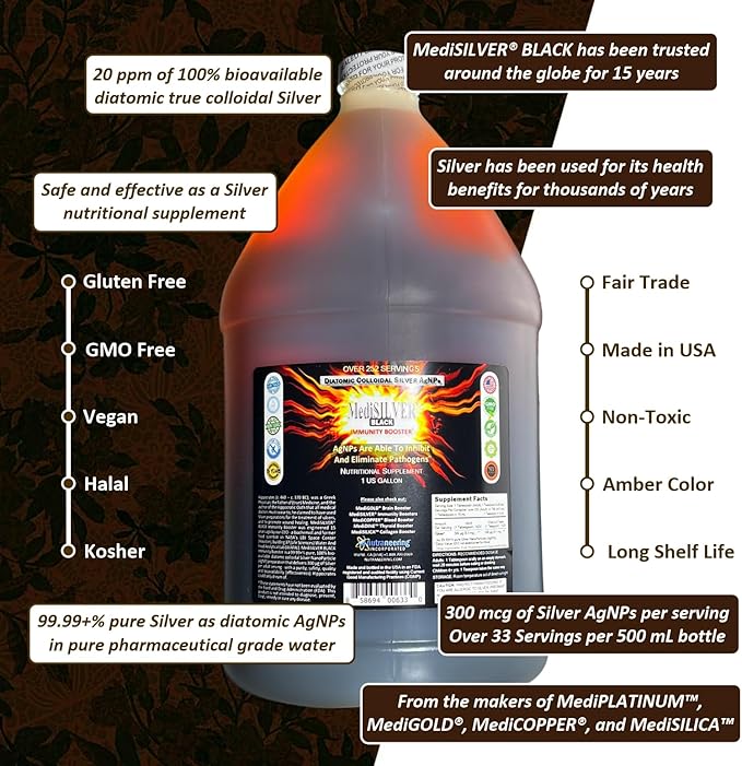 MediSILVER Black Immunity Booster Diatomic True Colloidal Silver AgNP Nutrient - 1 Gallon in Opaque Plastic Jug