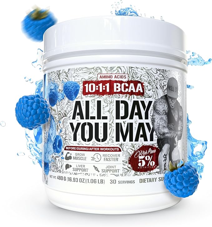 5% Nutrition Rich Piana AllDayYouMay BCAA Powder | Premium Intra &amp Post Workout Amino Acids EAA Electrolytes | Hydration Endurance Recovery | Vegan &amp Keto | 16.93 oz 30 Srvgs (Blue Raspbe