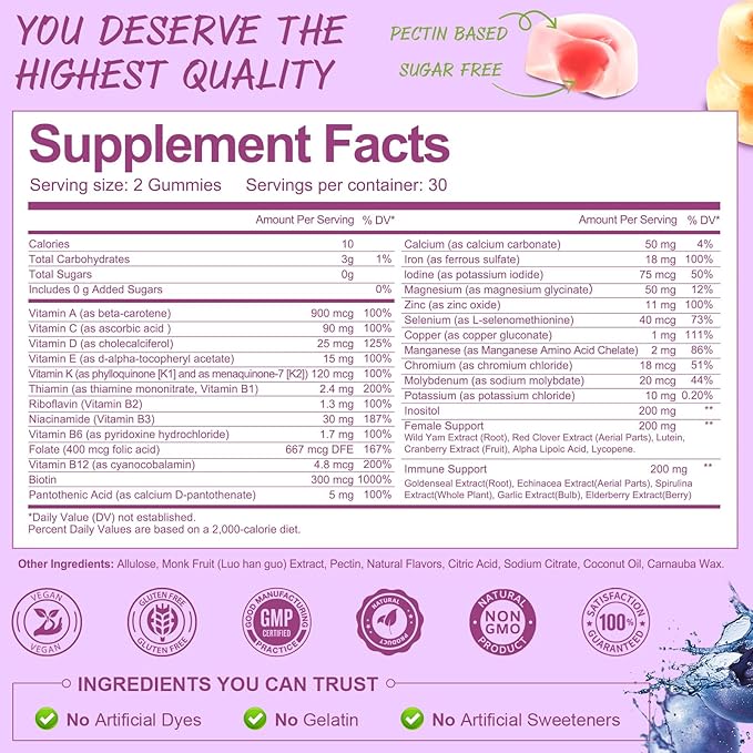 (2 Pcs) Totaria Sugar Free Multivitamin Gummies for Women 14+ w/Iron Inositol Folate Biotin Womens Daily Multivitamin Gummy w/Vitamin A C B D3 K2 for Hair Skin Energy Immune Mixed Flavors