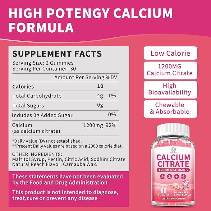 Pure Calcium Citrate 1200 mg Gummies for Adults High Absorption Calcium Supplements for Women &amp Men Sugar Free Non-GMO Gluten Free Supports BoneTeethMuscle &amp Immune - Peach Flavor